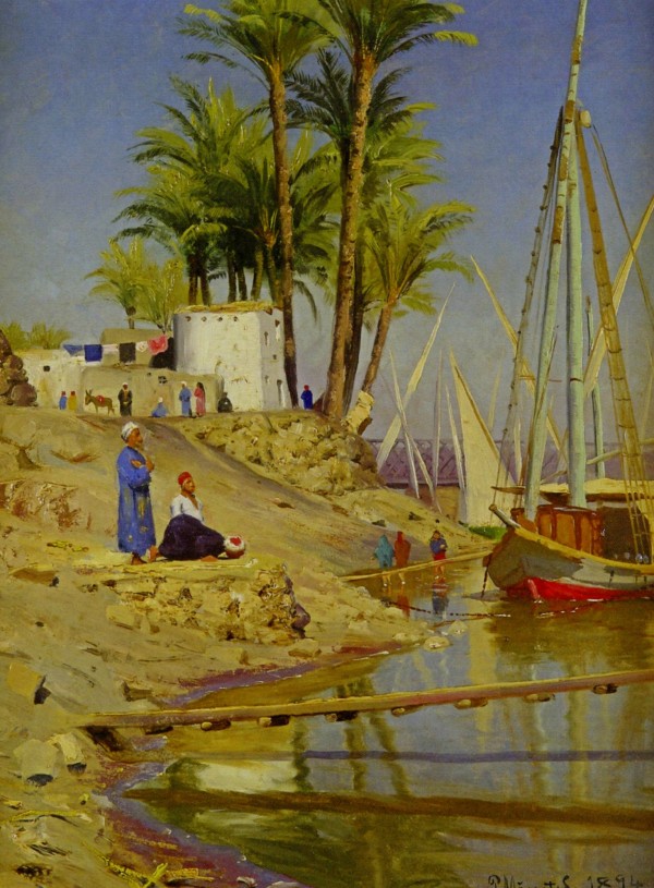 View of Cairo with figures near water by Peter Mork Monsted